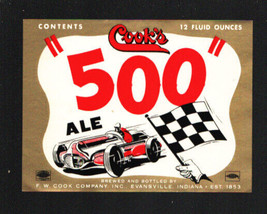 Indy 500-Cook&#39;s 500 Ale Unused Bottle label 1940&#39;s-Size is about 4 1/2 x 3 1/... - £17.77 GBP