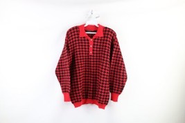 Vintage 70s Streetwear Womens Size Medium Houndstooth Knit Collared Sweater Red - £55.22 GBP
