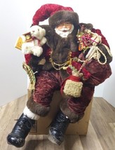 Rare 24&quot; VTG Red Velvet Santa w Wood &amp; Plush toys Porcelain/Ceramic Christmas - £99.33 GBP