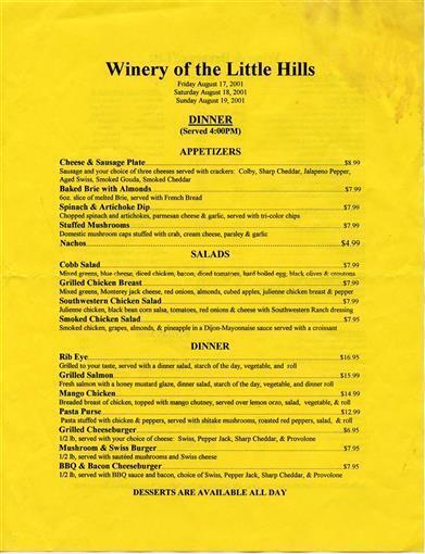 Primary image for Winery of the Little Hills Restaurant Menu St Charles Missouri 