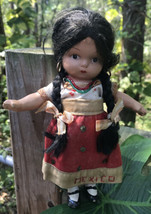 Rare Mexico Vtg 8&quot; Composition? Doll Black Hair Braids Handcrafted Dress Bloomrs - £31.31 GBP