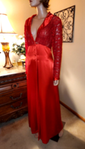 Vtg Terry Russo Red Satin Lounge Dress Robe Hostess Gown Nightgown Loung... - $47.52