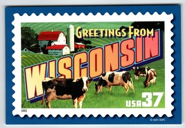 Greetings From Wisconsin Large Letter Chrome Postcard USPS 2001 Cows Bar... - $9.03