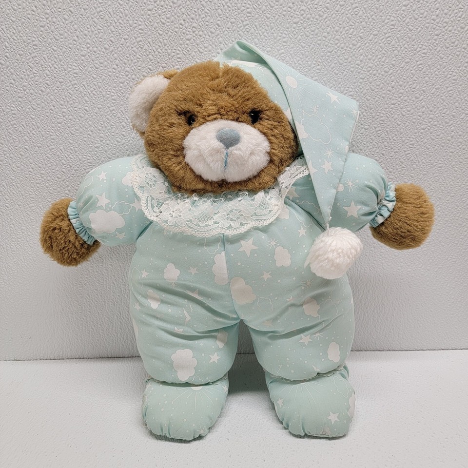 Vintage Glow In The Dark Teddy Bear Plush Blue Nose Bedtime Pajamas Star... - $42.47