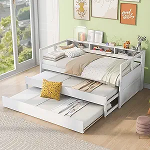 Merax Twin, White XL Wood Daybed with 2 Trundles, 3 Storage Cubbies, 1 L... - $722.99