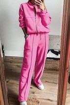 Bright Pink Solid Seamed Zipper Jacket and Drawstring Waist Pants Set - £52.44 GBP