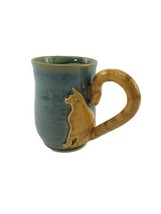 The Imperfect Potters Cat Kitten Coffee Mug Cup Blue Yellow Tail Glazed  - $29.65