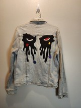 Roku Studio Tear Dripping Applique Distressed Denim Jacket Light Wash Me... - £43.96 GBP