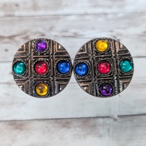 Vintage Clip On Earrings Large Bronze Tone with Multi Colored Gems - £12.75 GBP