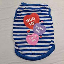 Valentine Dog Shirt Hug Me Kiss Me Love Me blue white stripe medium - $11.88