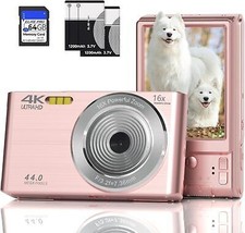 FHD 4K 44MP Digital Camera with 64GB SD Card 16X Zoom Pink Compact Cheap Point a - $101.96