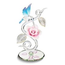 Glass Baron Hummingbird and Pink Rose on Vine Handcrafted Glass Figurine - £49.15 GBP