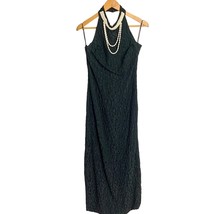 Vintage Flinstones Costume Halter Gown Stretch Black Brocade Faux Pearls... - $49.50