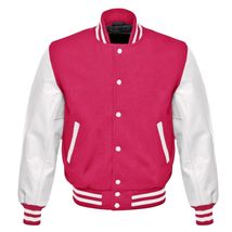 Men Pink Varsity Jacket With White Leather Sleeves - $53.00