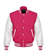 Men Pink Varsity Jacket With White Leather Sleeves - $53.00