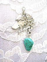 Engraved Totem Wolf Head Profile W Blue Spider Turquoise Pendant Necklace Wolves - £25.56 GBP