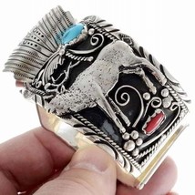 Navajo Mens ELK Watch Bracelet Turquoise Coral Sterling Silver Cuff s7.25-8 - £543.55 GBP+