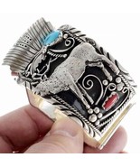 Navajo Mens ELK Watch Bracelet Turquoise Coral Sterling Silver Cuff s7.25-8 - £545.24 GBP+