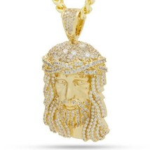 14K Yellow Gold Plated Silver Round Cubic Zirconia CHRIST HEAD Pendant Men&#39;s - £240.32 GBP