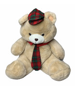 Vintage 1985 Cuddle Wit Brown Christmas Teddy Bear with Plaid Hat and Ti... - $47.50 CAD