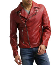 Stylish Men&#39;s Genuine Lambskin Leather RED Jacket Handmade Biker Motorcy... - £85.57 GBP