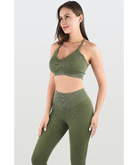 Moss Green Seamless Ribbed Spaghetti Straps Bra Leggings Sports Set - $2,900.70 MXN