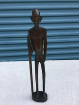 Vintage Hand Carved Wood African Tribal Hunter Man With Spear Statue Figure 11&quot; - £27.90 GBP