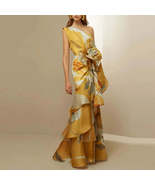New Party Floral Print Elegant Diagonal Collar Long Dress - $2,539.73 MXN