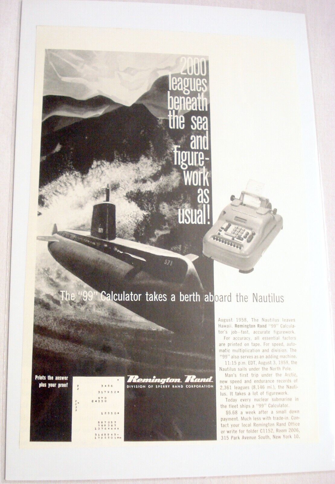 Primary image for 1958 Ad Remington Rand 99 Calculator Takes A Berth Aboard the Nautilus