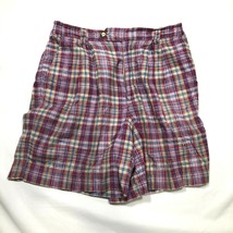 Vintage Liz Wear Shorts Womens 32 Red Brown Shiny Plaid Madras Cotton Bl... - £14.70 GBP
