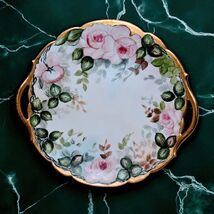 Limoges Style Hand Painted Roses Porcelain Cake Plate Gold Handles 11in ... - $68.52 CAD