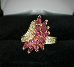 14K Yellow Gold Over Red Marquise Ruby Round Diamond Cocktail Ring Band 2.45Ct - £81.85 GBP