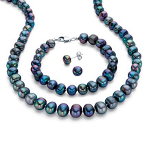 PalmBeach Jewelry Silvertone Genuine Cultured Blue Pearl Jewelry Set 18&quot; - £47.33 GBP