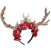 Handmade Flower Antler Headband Woodland Gold Deer Horns Hairband Fairy Floral R - £25.56 GBP