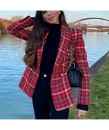 ZARA Textured Red Plaid Tweed Double Breasted Blogger Favorite Blazer Si... - $75.00