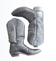 Vtg Justin Men&#39;s Leather Cowboy Western Boots White Flame Stitch Black Size 10.5 - £91.10 GBP
