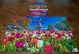 Colorluxe JIGSAW PUZZLE 500 Pieces TULIPS &amp; WINDMILL GARDEN HOLLAND NETH... - $16.34