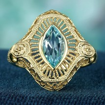 Natural Marquise Blue Topaz Art Deco Style filigree Ring in Solid 9K Yellow Gold - £522.77 GBP