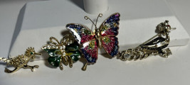 Pin Four 2 Butterflies 2 Birds Gold and Silver Tone Rhinestones 1.0&quot; to 2.0&quot; - £6.15 GBP
