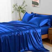 5Pcs Silky Satin Sheets Set, King Size Satin Bed Sheets Set, Royal Blue Luxury B - $56.99