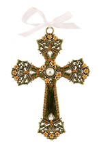 Decorative Cross Ornament Green  Swirled Paint and Rhinestones/ Organza Ribbon - $14.95