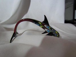 Murano Art Glass Black Multi Red Yellow + Striped Dolphin 3.5&quot; Long x 2&quot; Tall No - £37.55 GBP
