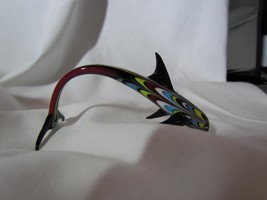 Murano Art Glass Black Multi Red Yellow + Striped Dolphin 3.5&quot; Long x 2&quot; Tall No - £35.73 GBP