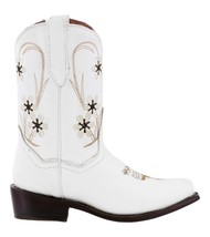 Girls Kids White Flower Floral Embroidery Leather Cowboy Wear Boots Snip... - £43.25 GBP