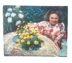 Palos Verdes Artist Lois Skidmore Woman In Garden Oil On Board Unframed 16 x 20&quot; - £40.50 GBP