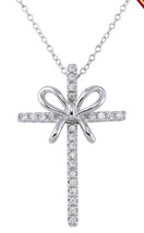 NWT Sterling Silver 925 Rhodium Plated Ribbon Cross Pendant Necklace with CZ - £26.71 GBP