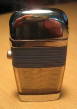 SCRIPTO Mini VU Lighter Art Deco Blue Band &amp; Silver Tone Lighter Made in... - £15.71 GBP