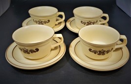 4 Vintage Pfaltzgraff Coffee/Soup Cups and Saucers Village 1970&#39;s Tan Brown - $39.59
