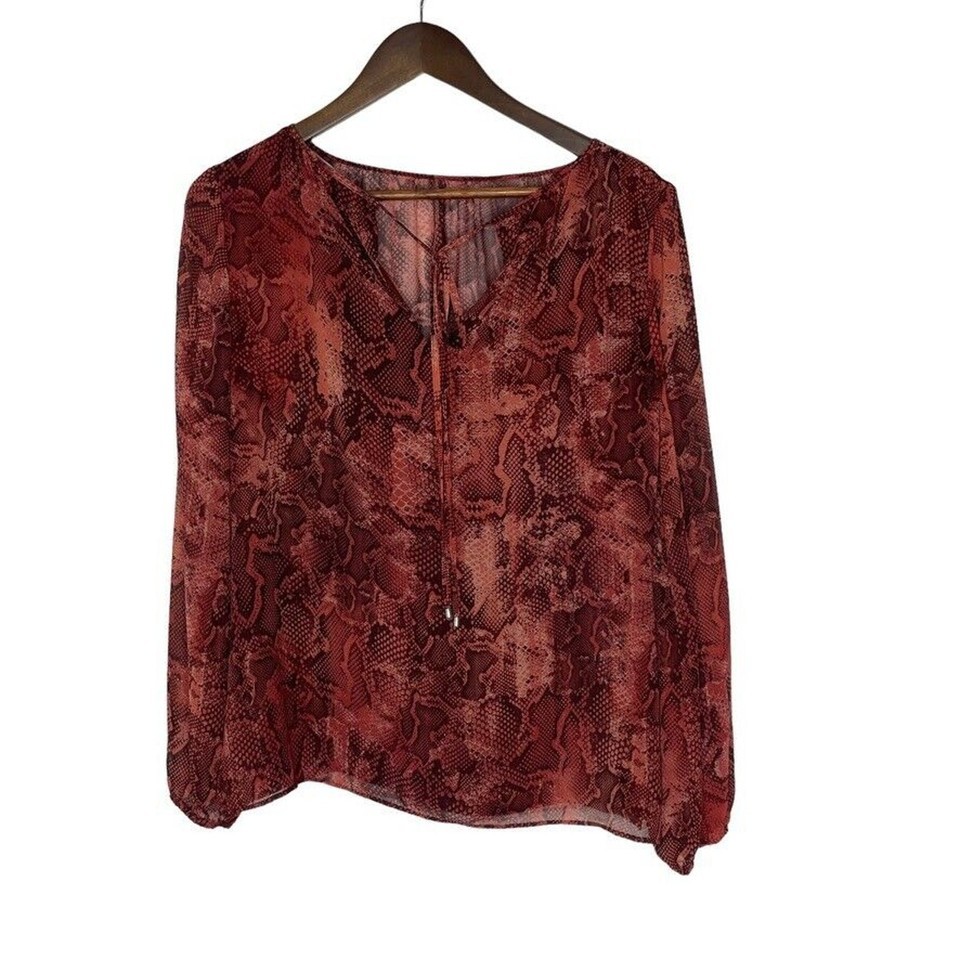 White House Black Market Burgundy Snake Print Tie V-Neck Long Sleeve Top 4 - $16.00