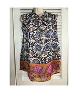 Joie Floral Print Sleeveless Top Tie Neck Bohemian Blouse Flowy Blue Orange M - $14.00